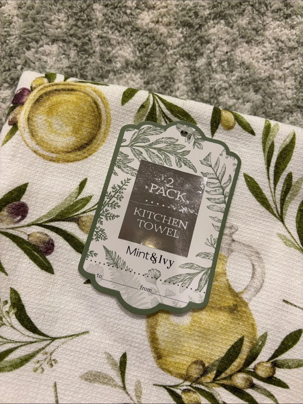 Mint & Ivy Tuscan Olives Olive Oil Botanical Kitchen Towels Set of 2 NWT Cotton